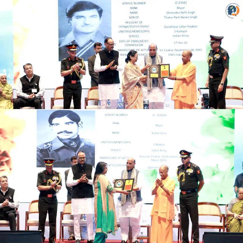 Hon'ble Defence Minister Rajnath Singh and CM Yogi Adityanath felicitated the resilient families of 1965 war hero Major Dhirendra Nath Singh and Shaurya Chakra recipient Major Kamal Kalia.